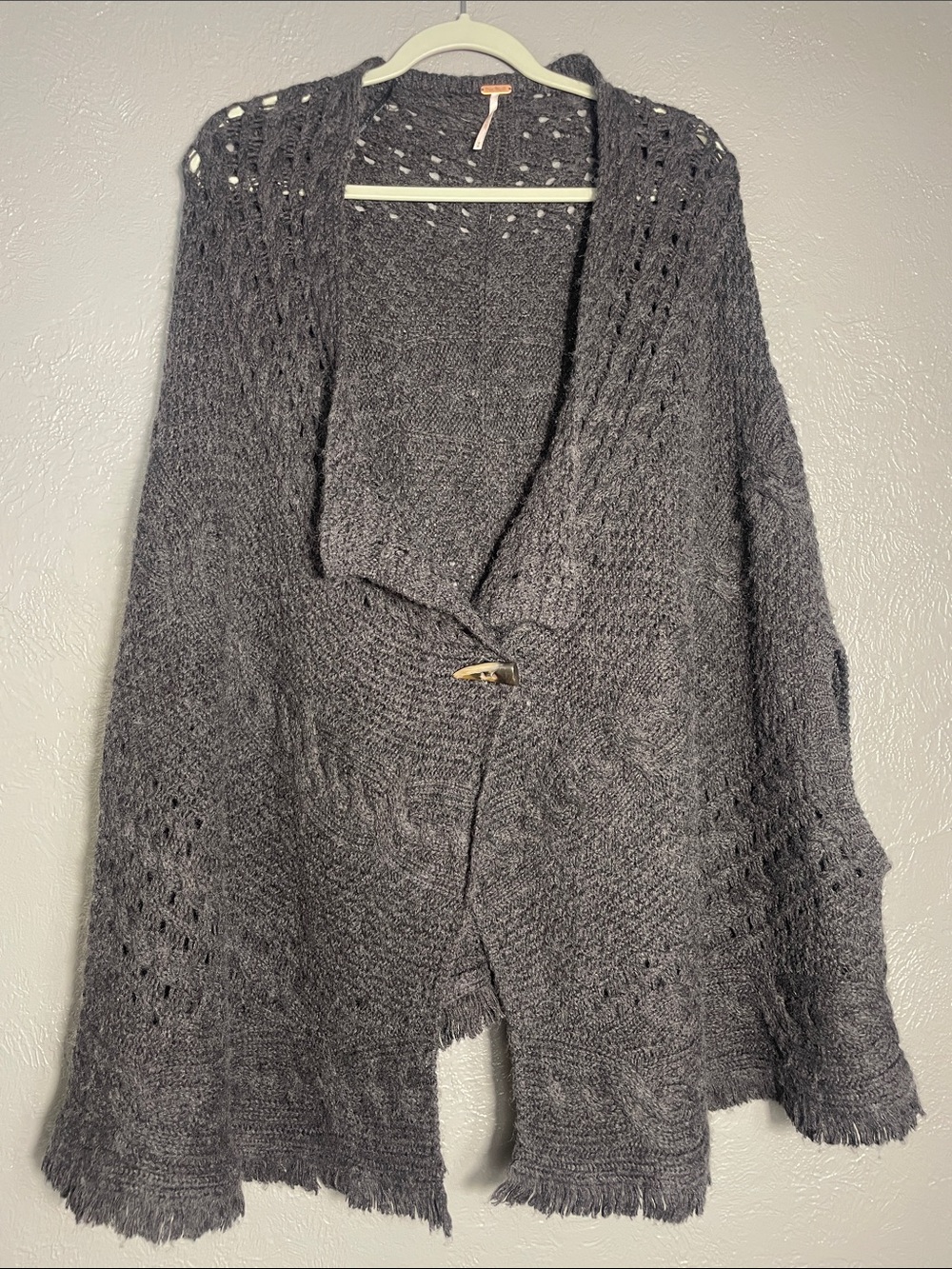 Free People Wool Blend Crochet Knit Cape Cardigan Fringe Toggle Medium